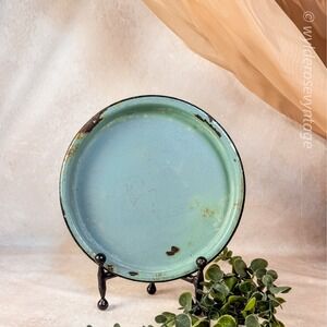 Antique  Teal Enamel Round Tray